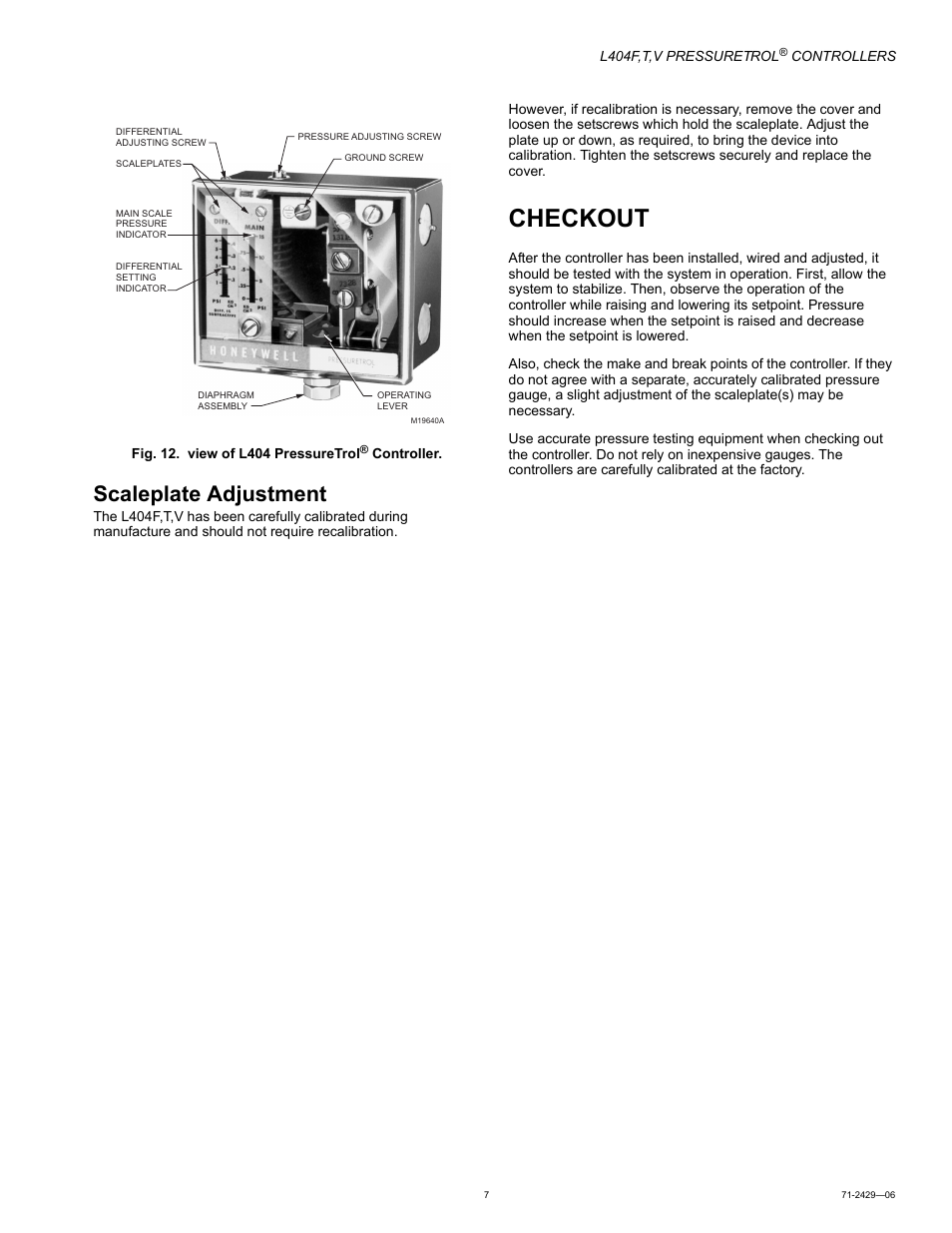 Scaleplate adjustment, Checkout | Honeywell PRESSURETROL L404T User Manual | Page 7 / 8
