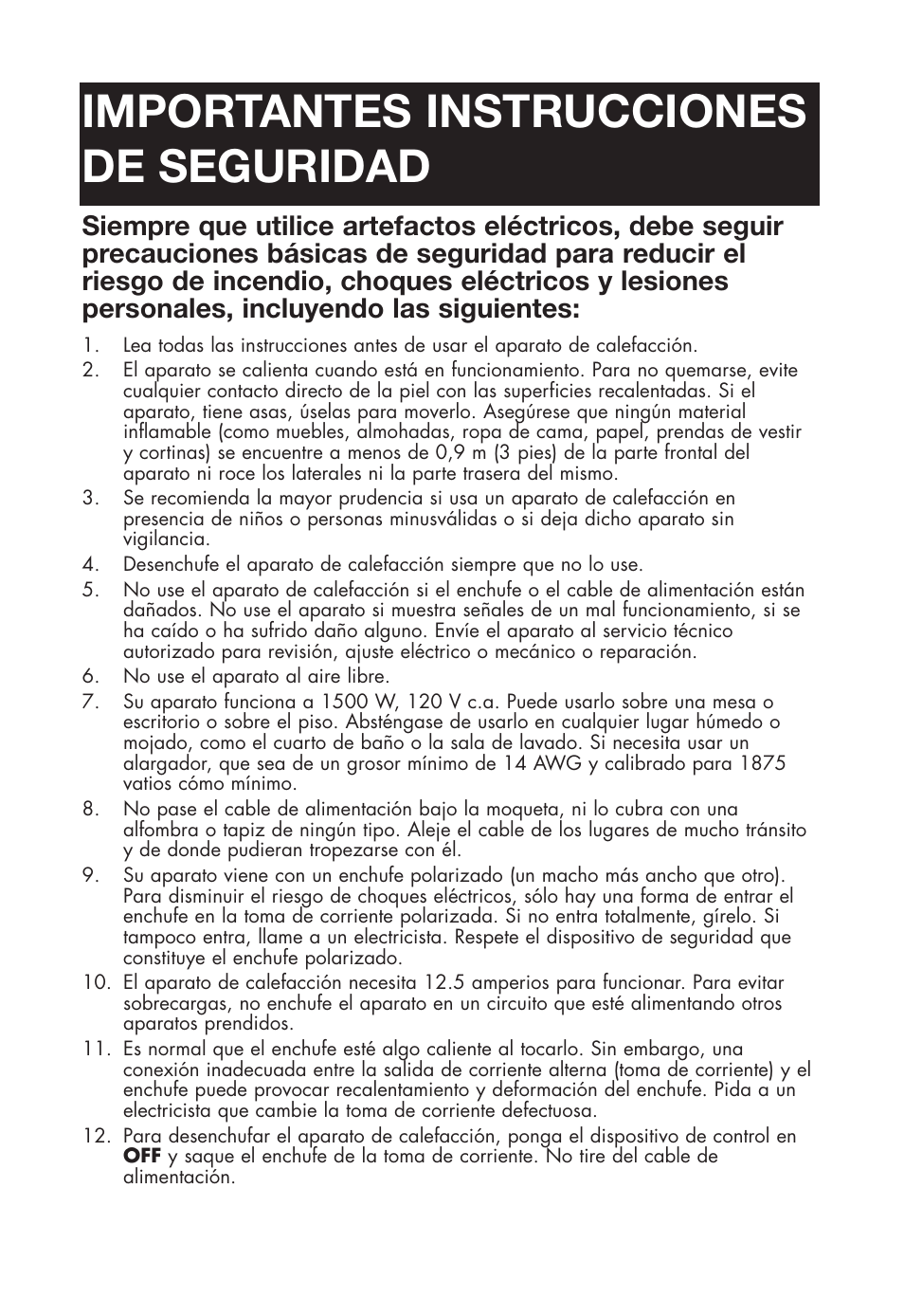 Importantes instrucciones de seguridad | Honeywell HZ-2300 User Manual | Page 12 / 15