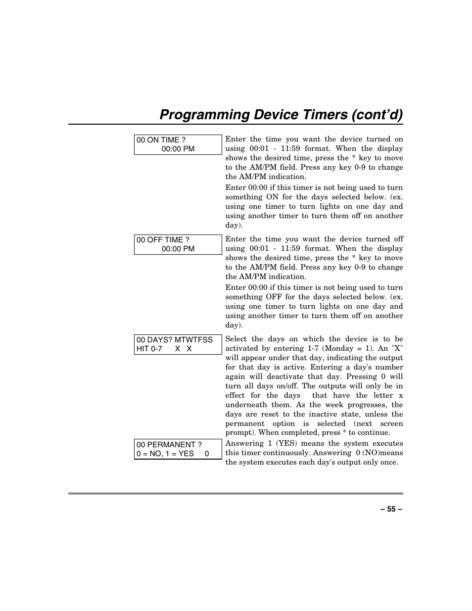 Programming device timers (cont’d) | Honeywell VISTA-250BP User Manual | Page 55 / 80