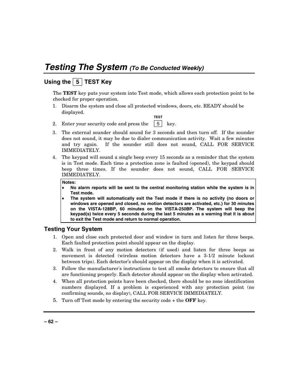 Testing the system | Honeywell VISTA-250BP User Manual | Page 62 / 80