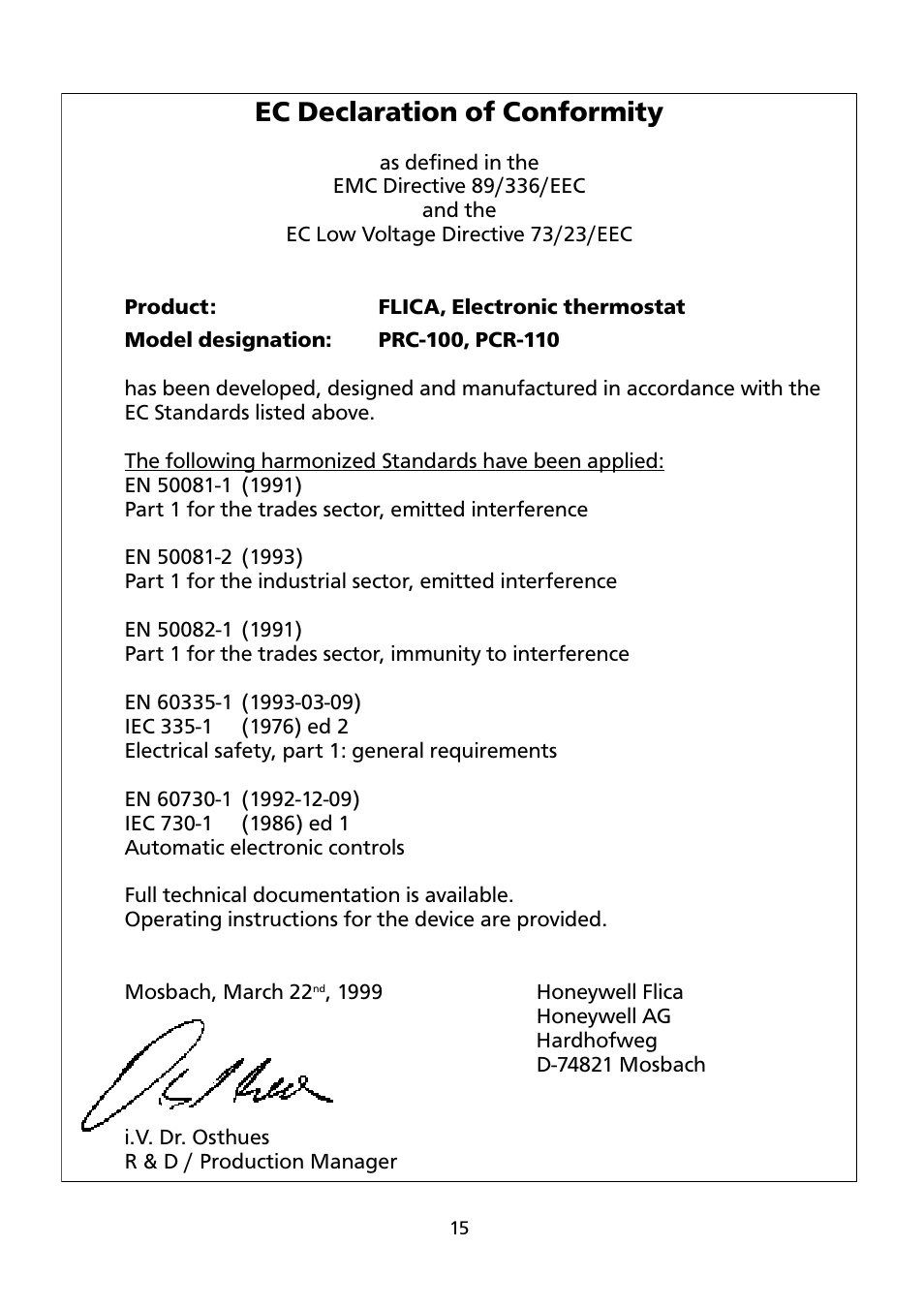 Ec declaration of conformity | Honeywell PCR-110 User Manual | Page 15 / 16
