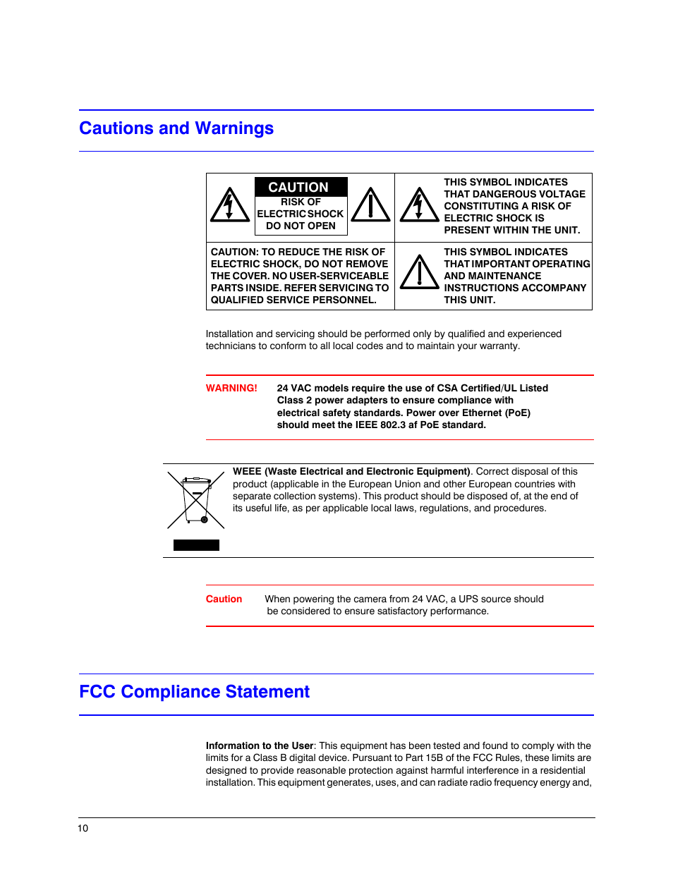 Cautions and warnings, Fcc compliance statement, Cautions and warnings fcc compliance statement | Honeywell EQUIP HD3MDIHX User Manual | Page 10 / 80