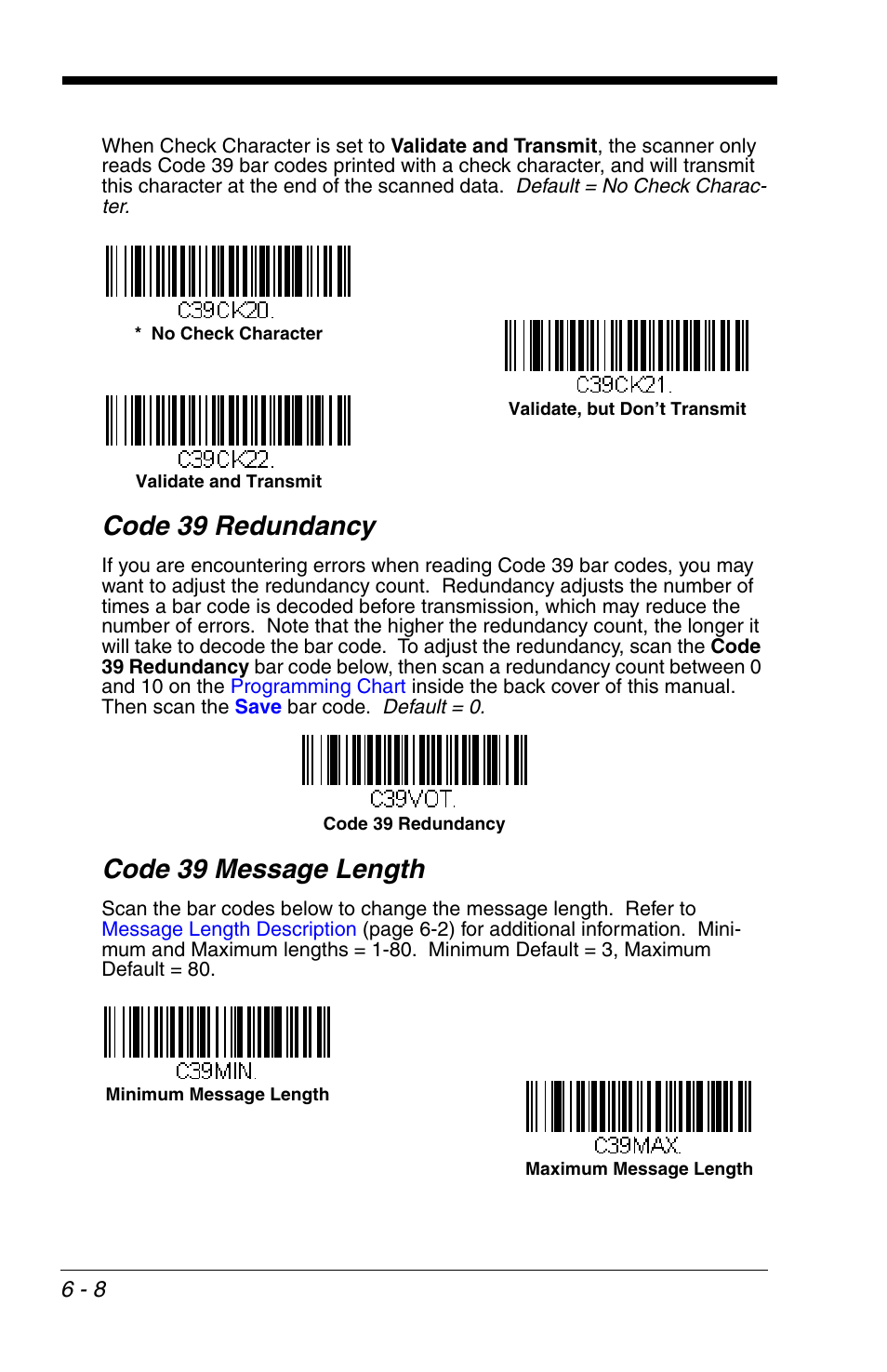 Code 39 redundancy, Code 39 message length | Honeywell VOYAGER 1200G User Manual | Page 102 / 238