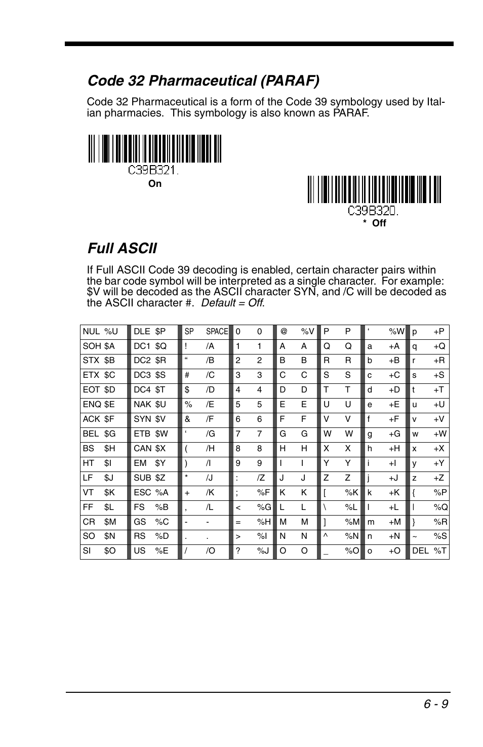 Code 32 pharmaceutical (paraf), Full ascii, Code 32 pharmaceutical (paraf) -9 full ascii -9 | Default = off | Honeywell VOYAGER 1200G User Manual | Page 103 / 238