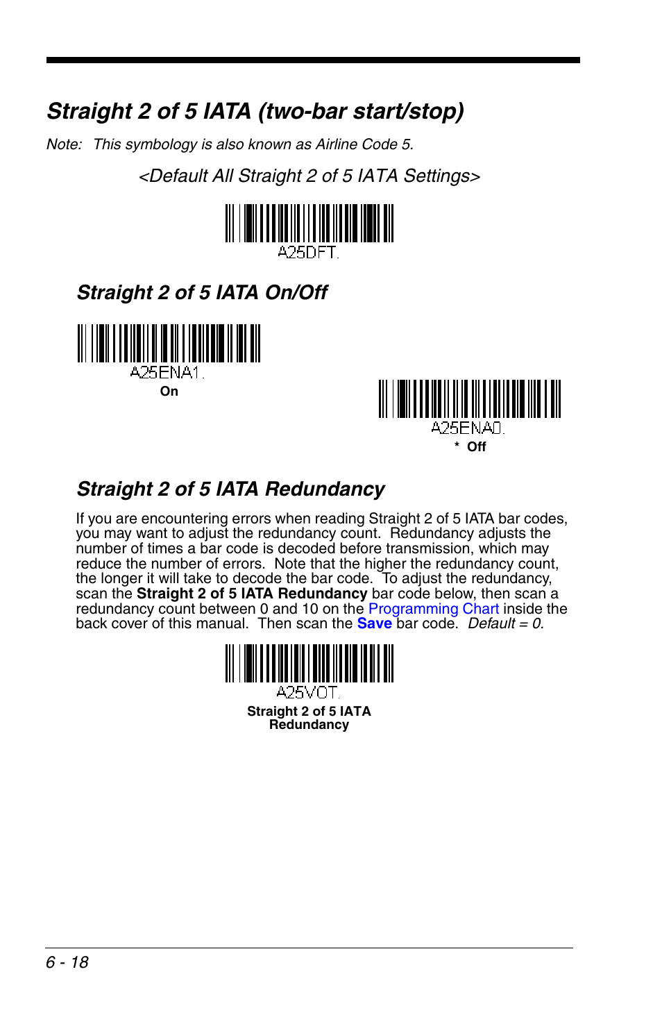 Straight 2 of 5 iata (two-bar start/stop), Straight 2 of 5 iata (two-bar start/stop) -18, Straight 2 of 5 iata (two-bar start/ stop) | Default all straight 2 of 5 iata settings | Honeywell VOYAGER 1200G User Manual | Page 112 / 238