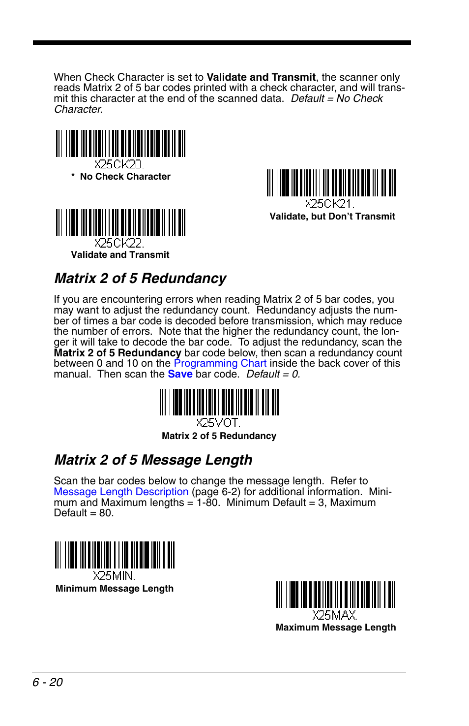 Matrix 2 of 5 redundancy, Matrix 2 of 5 message length | Honeywell VOYAGER 1200G User Manual | Page 114 / 238