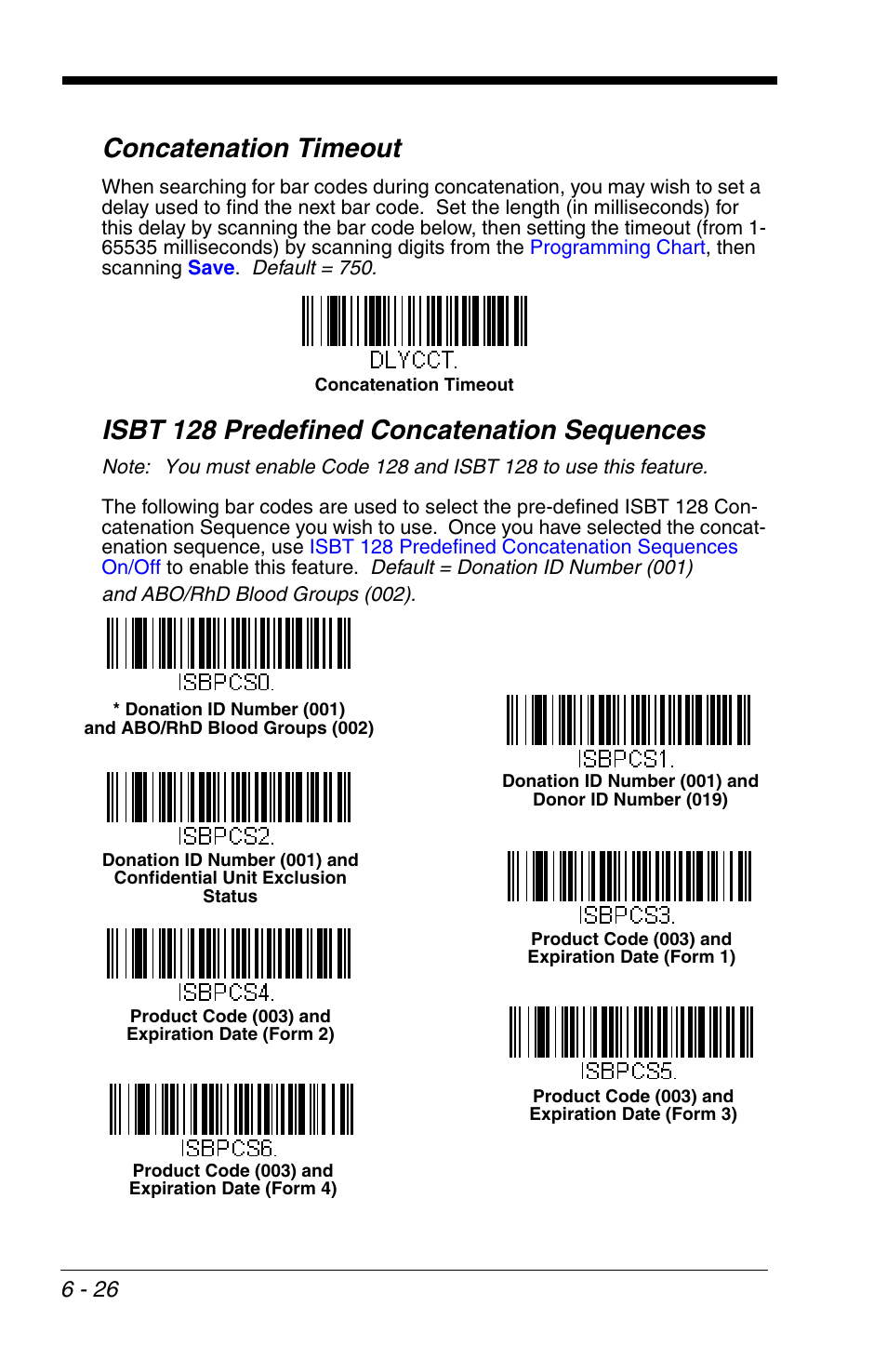 Concatenation timeout, Isbt 128 predefined concatenation sequences | Honeywell VOYAGER 1200G User Manual | Page 120 / 238