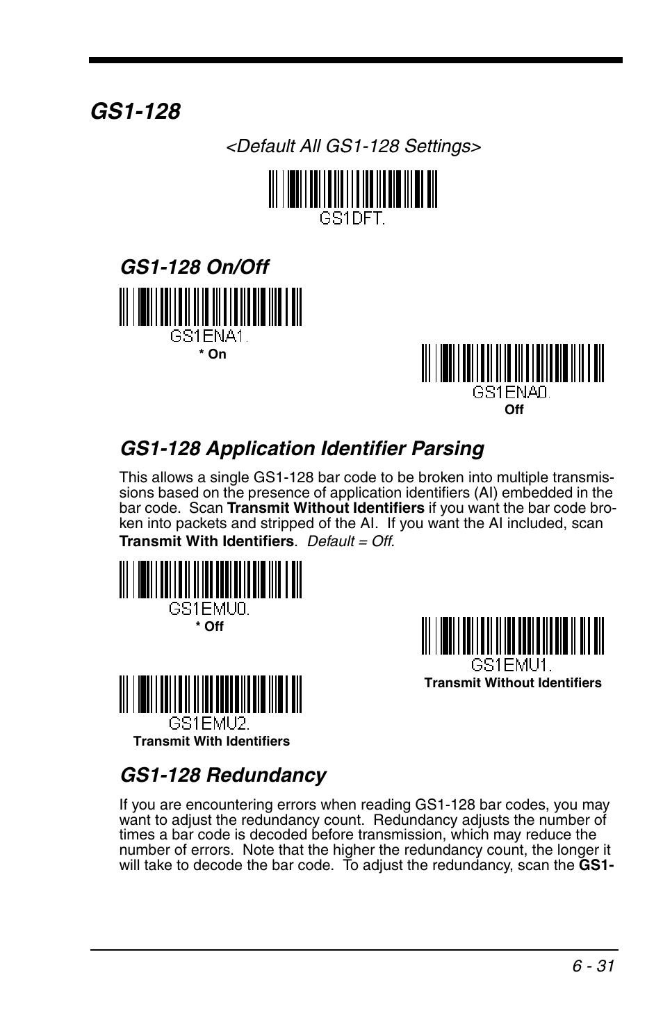Gs1-128, Gs1-128 -31, Gs1-128 redundancy | Honeywell VOYAGER 1200G User Manual | Page 125 / 238