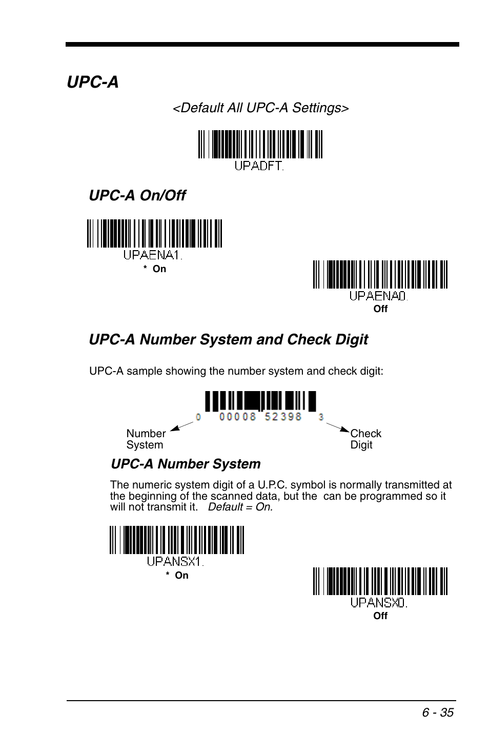 Upc-a, Upc-a -35, Upc-a on/off upc-a number system and check digit | Default all upc-a settings, Upc-a number system | Honeywell VOYAGER 1200G User Manual | Page 129 / 238