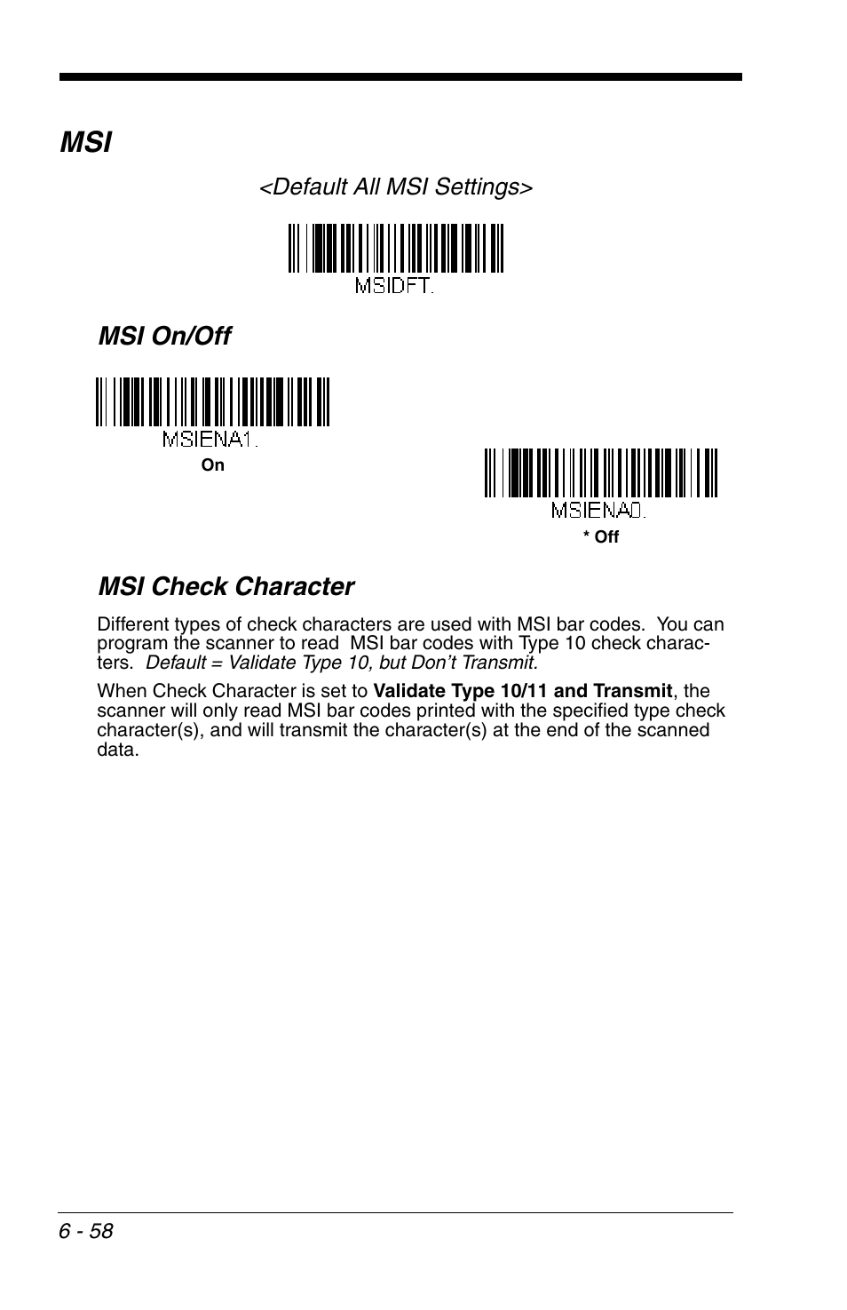Msi -58, Msi on/off msi check character | Honeywell VOYAGER 1200G User Manual | Page 152 / 238