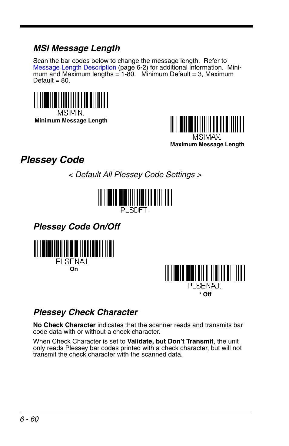 Plessey code, Plessey code -60, Msi message length | Plessey code on/off plessey check character, Default all plessey code settings | Honeywell VOYAGER 1200G User Manual | Page 154 / 238