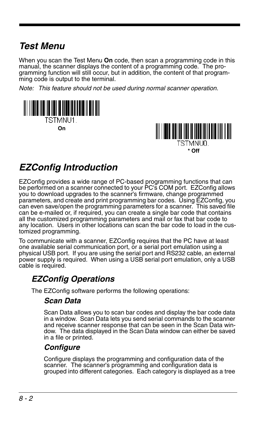 Test menu, Ezconfig introduction, Test menu -2 ezconfig introduction -2 | Ezconfig operations | Honeywell VOYAGER 1200G User Manual | Page 168 / 238