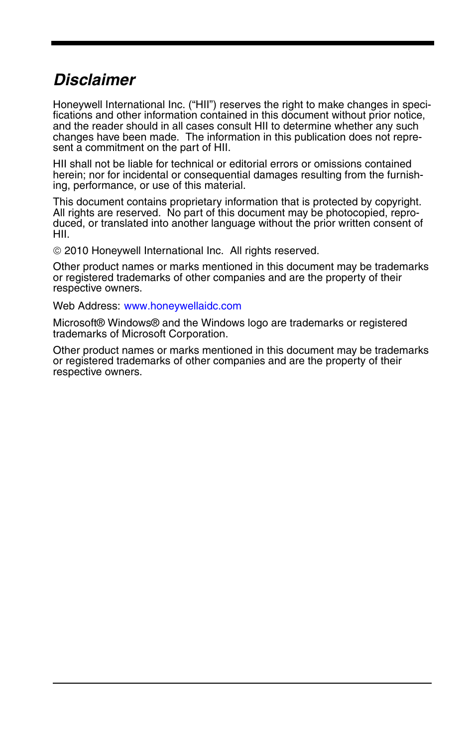 Disclaimer | Honeywell VOYAGER 1200G User Manual | Page 2 / 238