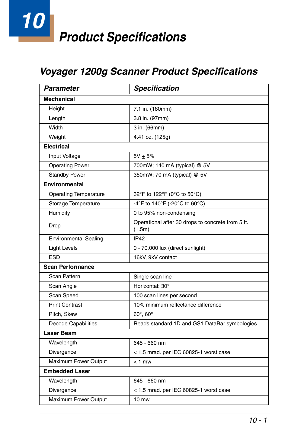 Product specifications, Voyager 1200g scanner product specifications, Chapter 10 - product specifications | Voyager 1200g scanner product specifications -1, Parameter specification | Honeywell VOYAGER 1200G User Manual | Page 211 / 238