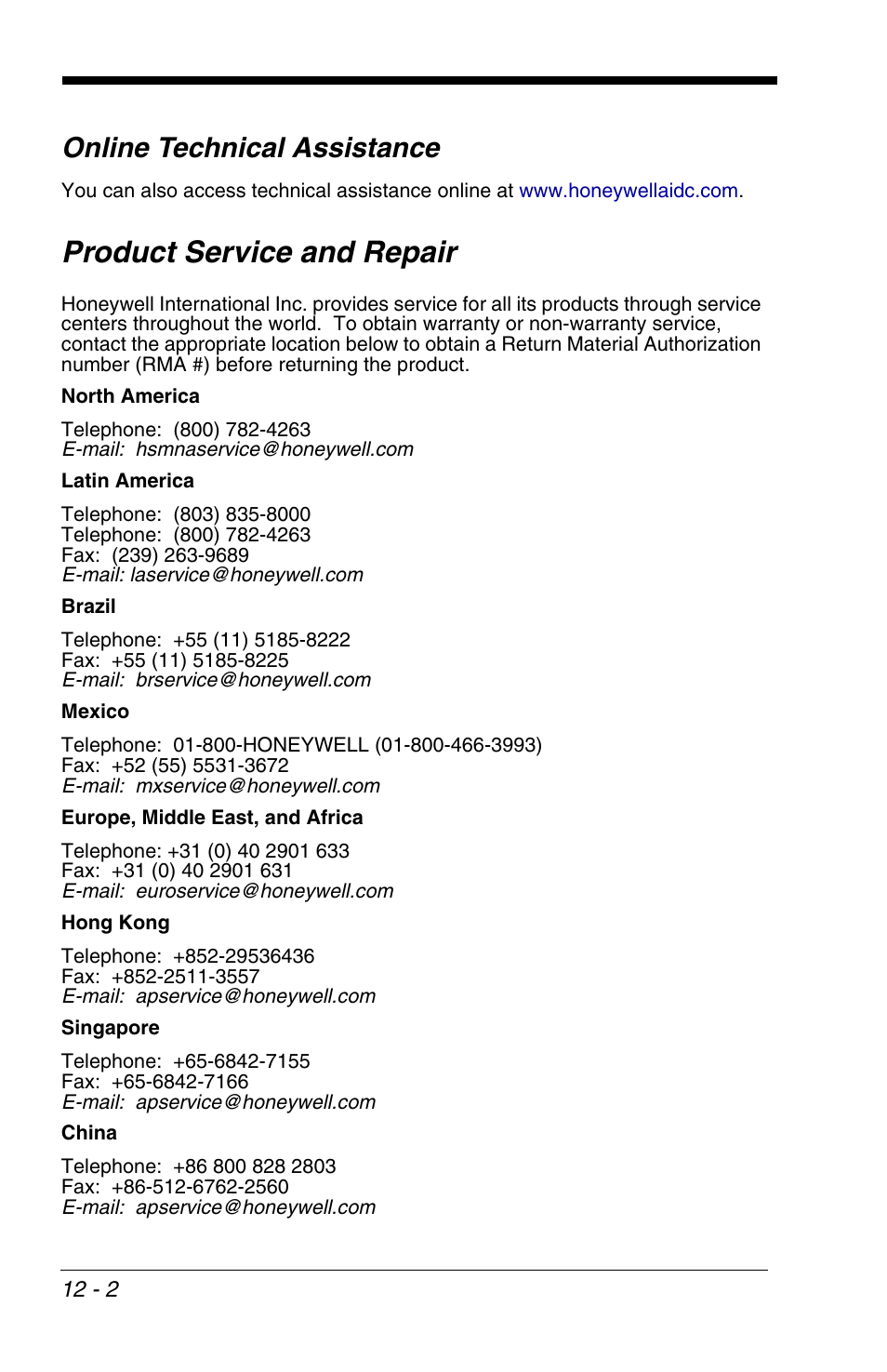 Product service and repair, Online technical assistance | Honeywell VOYAGER 1200G User Manual | Page 222 / 238