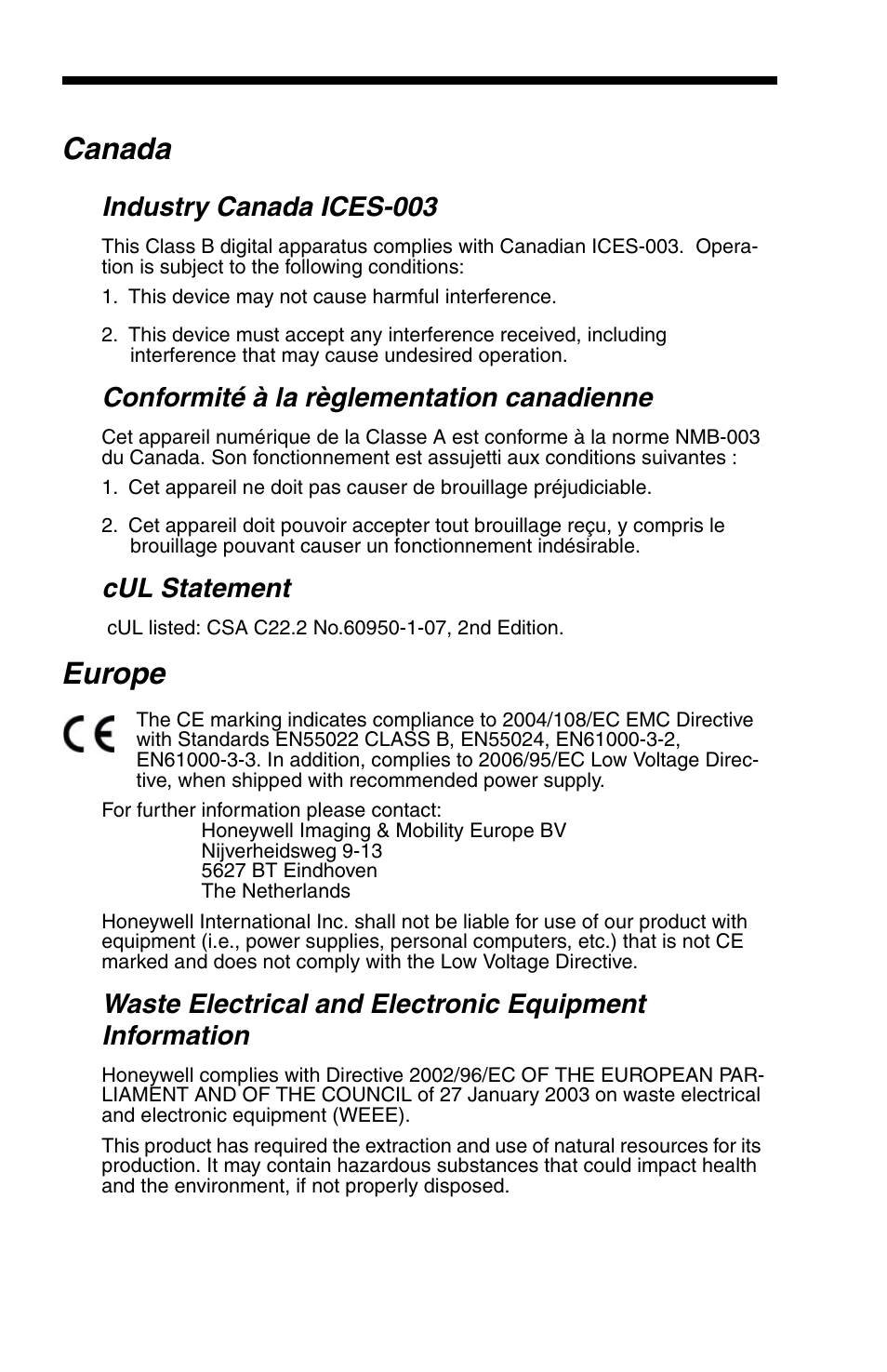 Canada, Europe, Industry canada ices-003 | Conformité à la règlementation canadienne, Cul statement | Honeywell VOYAGER 1200G User Manual | Page 4 / 238