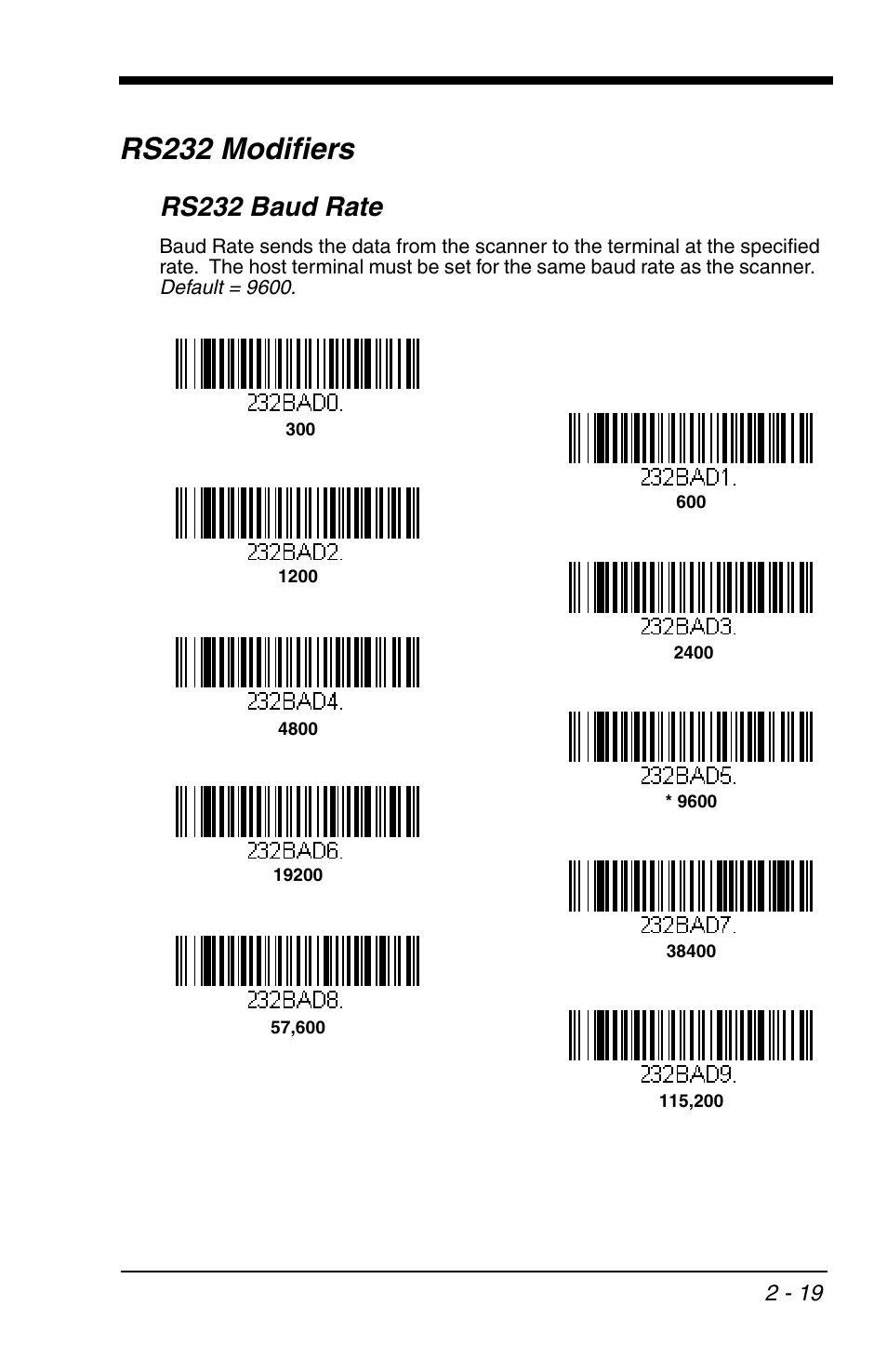 Rs232 modifiers, Rs232 baud rate, Rs232 modifiers -19 | Rs232 baud rate -19 | Honeywell VOYAGER 1200G User Manual | Page 41 / 238