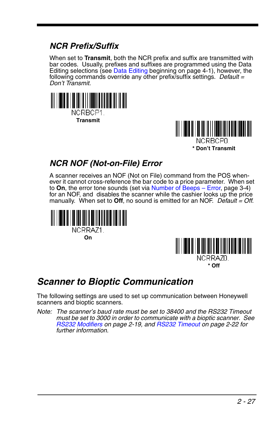 Ncr prefix/suffix, Ncr nof (not-on-file) error, Scanner to bioptic communication | Scanner to bioptic communication -27 | Honeywell VOYAGER 1200G User Manual | Page 49 / 238