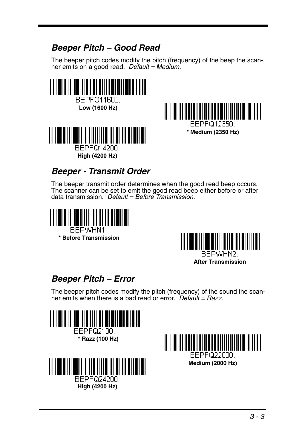 Beeper pitch – good read, Beeper - transmit order, Beeper pitch – error | Honeywell VOYAGER 1200G User Manual | Page 53 / 238