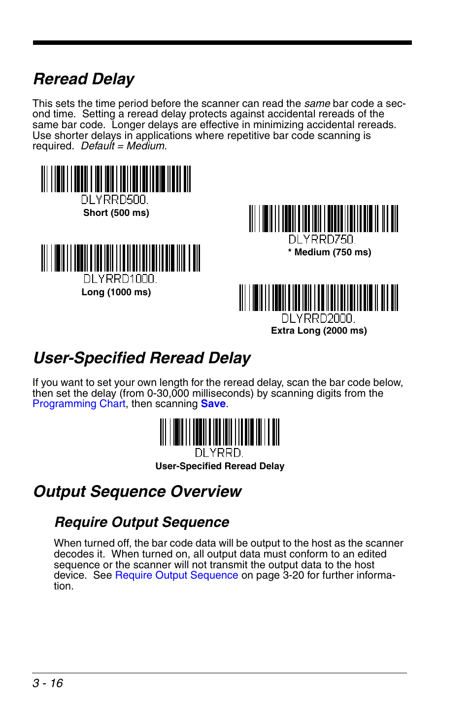 Reread delay, User-specified reread delay, Output sequence overview | Require output sequence, Require output sequence -16 | Honeywell VOYAGER 1200G User Manual | Page 66 / 238
