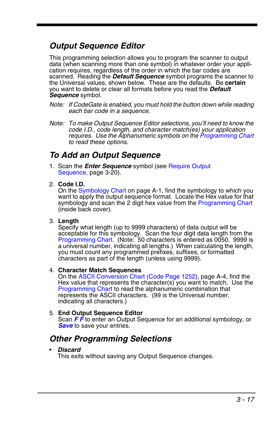 Output sequence editor, To add an output sequence, Other programming selections | Honeywell VOYAGER 1200G User Manual | Page 67 / 238