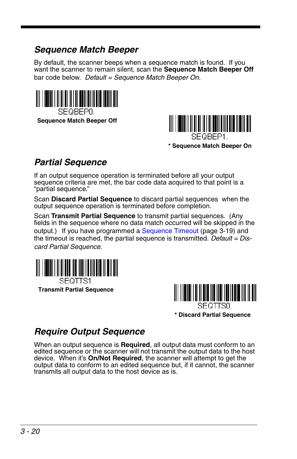 Sequence match beeper, Partial sequence, Require output sequence | Symbol (see, Require output, Sequence | Honeywell VOYAGER 1200G User Manual | Page 70 / 238