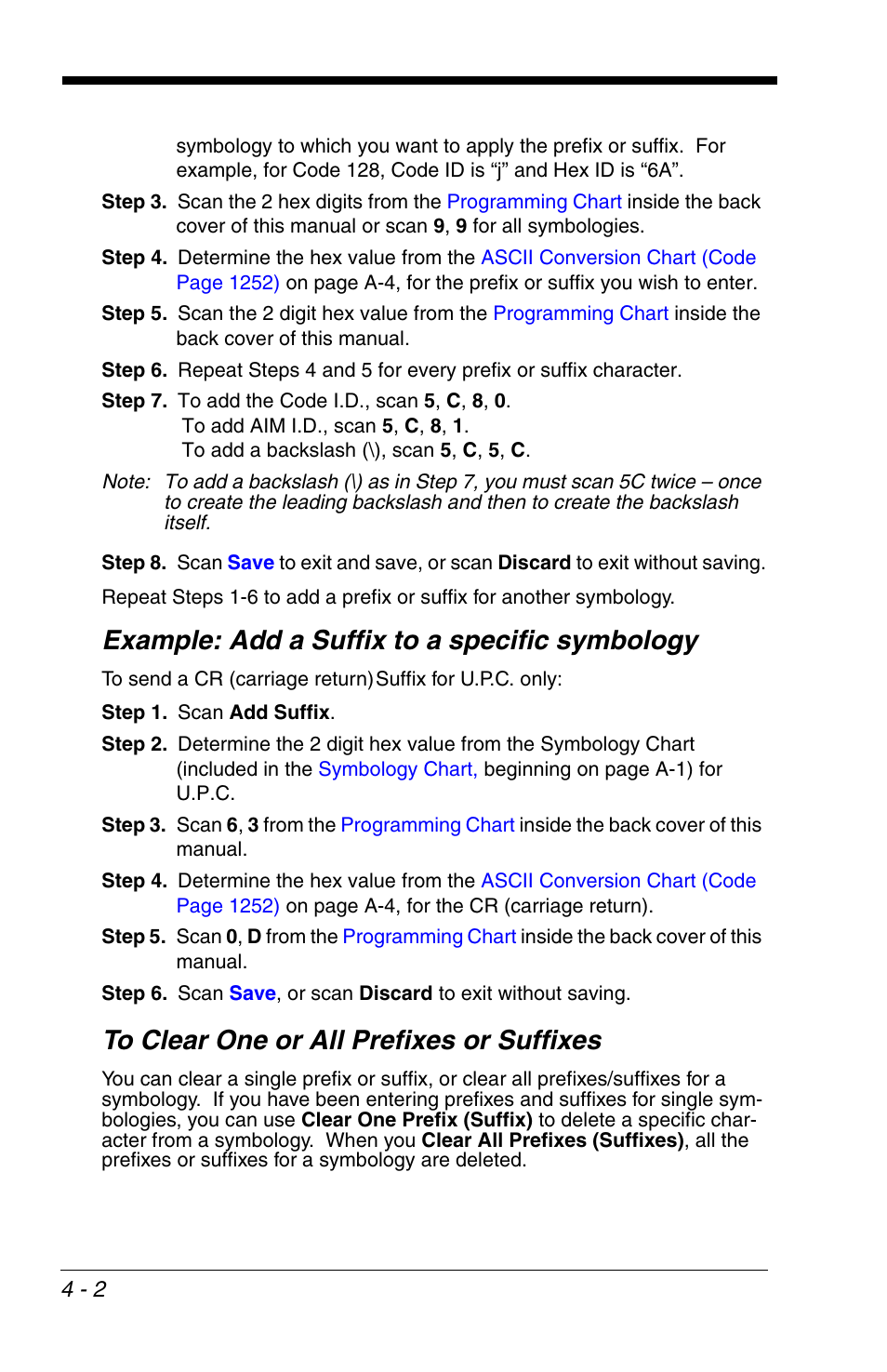 To clear one or all prefixes or suffixes, To clear one or all prefixes or suffixes -2, Example: add a suffix to a specific symbology | Honeywell VOYAGER 1200G User Manual | Page 74 / 238