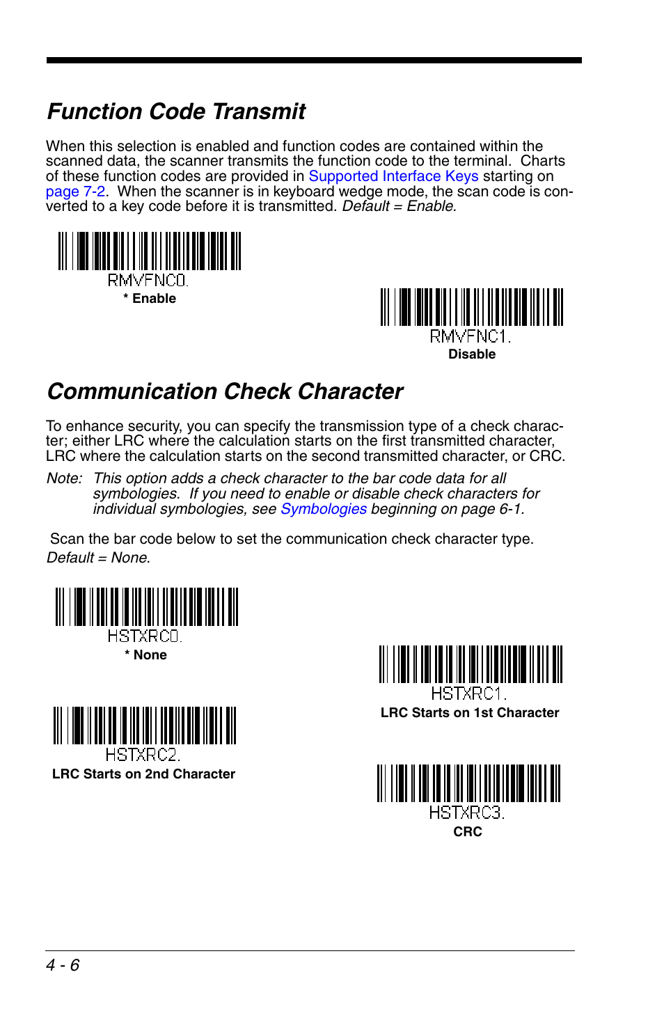 Function code transmit, Communication check character | Honeywell VOYAGER 1200G User Manual | Page 78 / 238