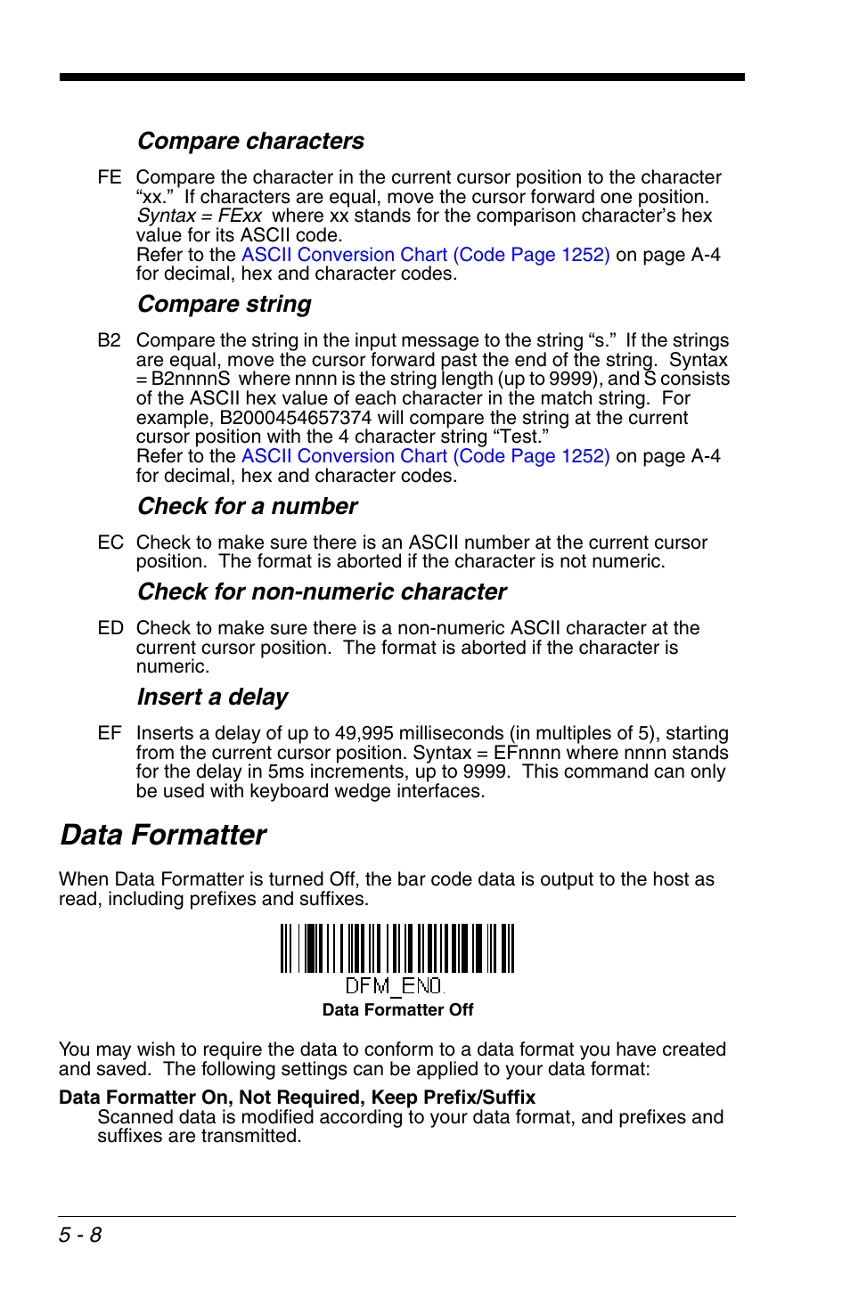 Data formatter, Data formatter -8, Compare characters | Compare string, Check for a number, Check for non-numeric character, Insert a delay | Honeywell VOYAGER 1200G User Manual | Page 90 / 238