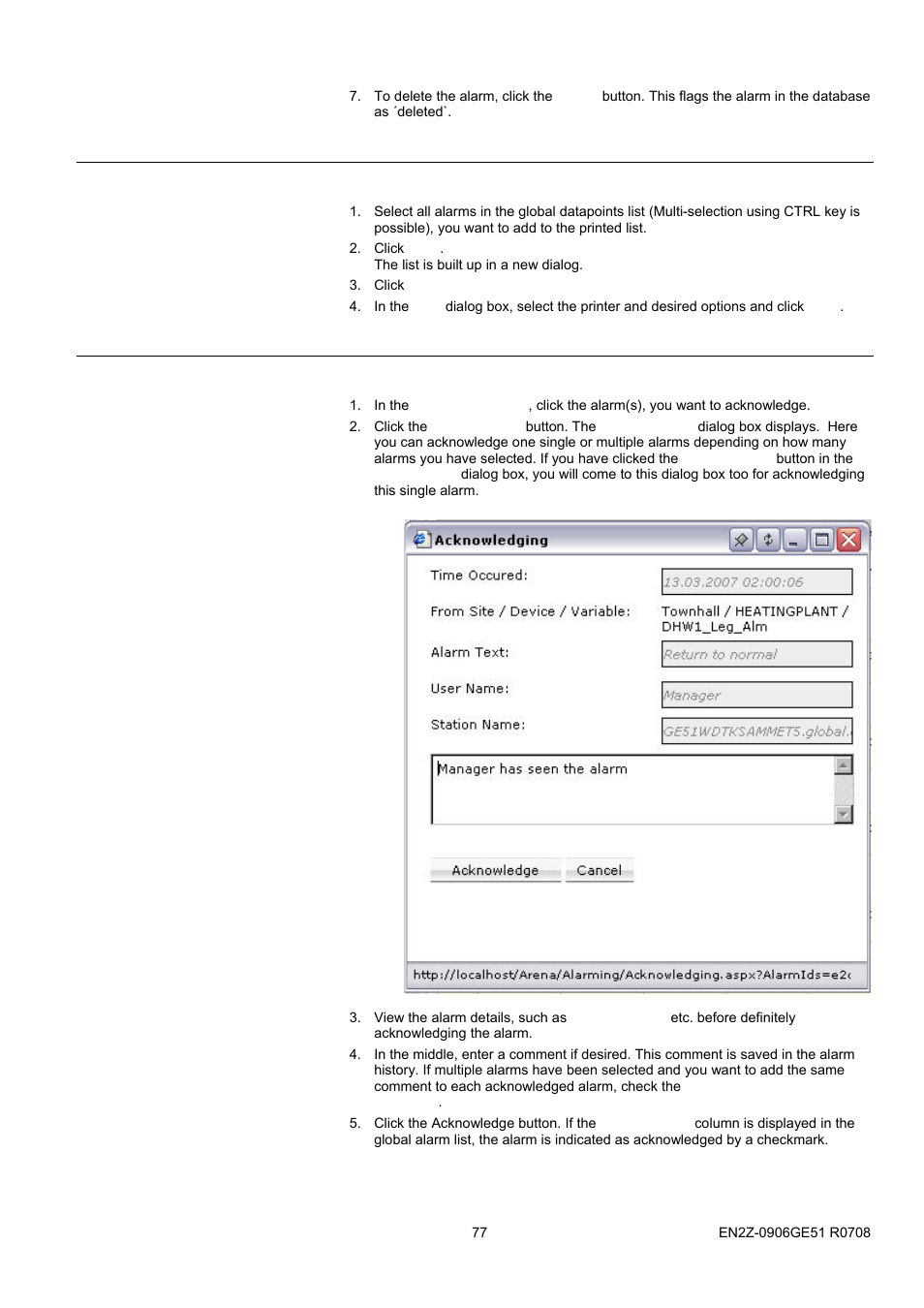 63bview/change datapoint properties, 64boverride datapoint value, Print alarm list | Acknowledge alarms | Honeywell EN2Z-0906GE51 R0708 User Manual | Page 77 / 160