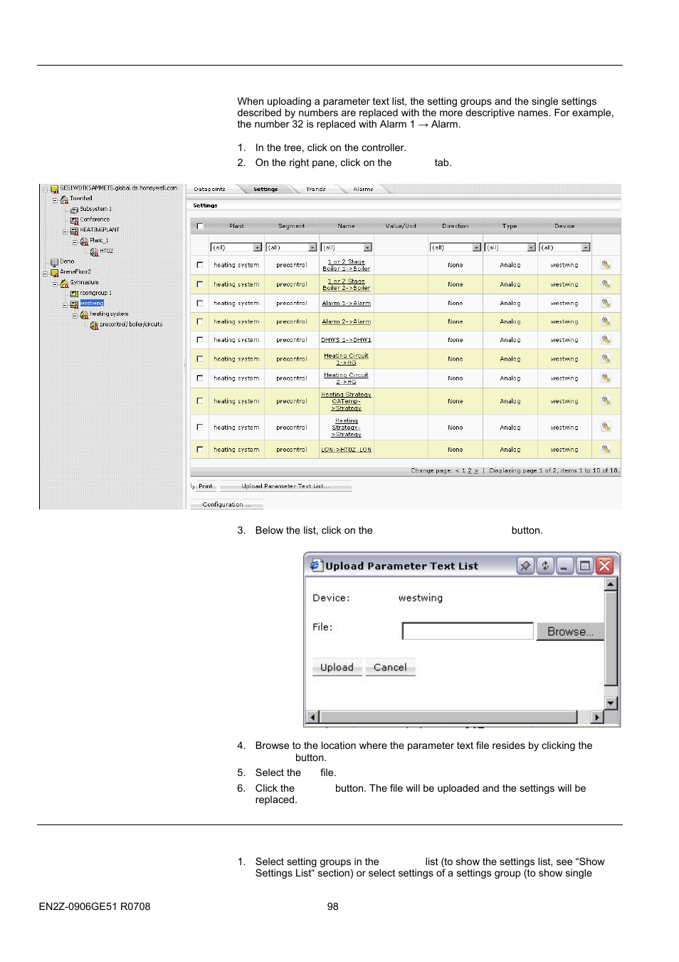 72bcreate destination, 73bcreate trigger, Upload parameter text list | Print settings list | Honeywell EN2Z-0906GE51 R0708 User Manual | Page 98 / 160
