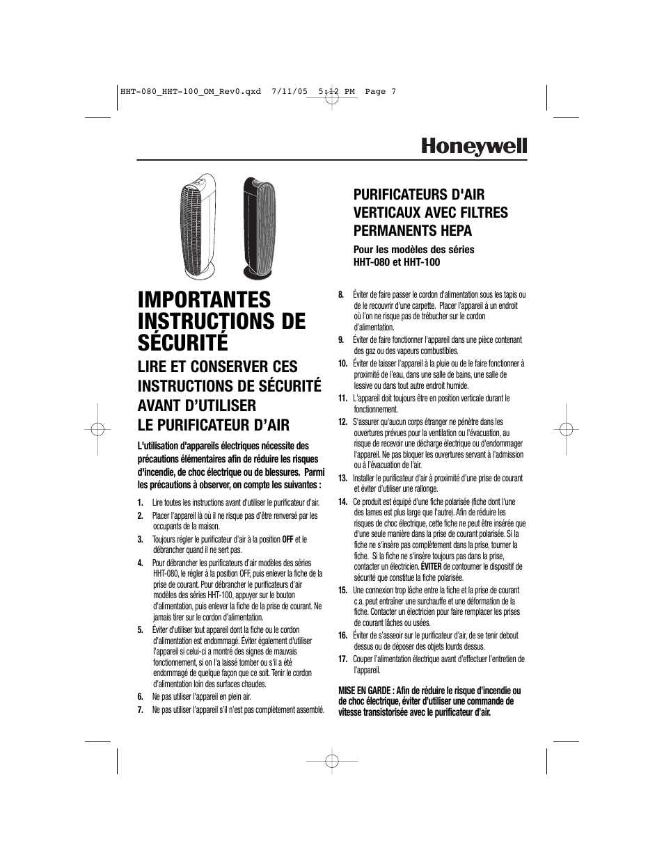 Importantes instructions de sécurité | Honeywell HHT-100 User Manual | Page 7 / 20