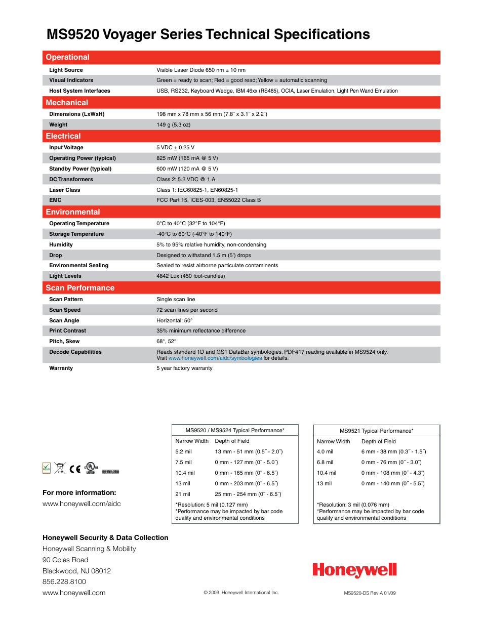 Ms9520 voyager series technical specifications, Operational, Mechanical | Electrical, Environmental, Scan performance | Honeywell MS9520 Voyager User Manual | Page 2 / 2