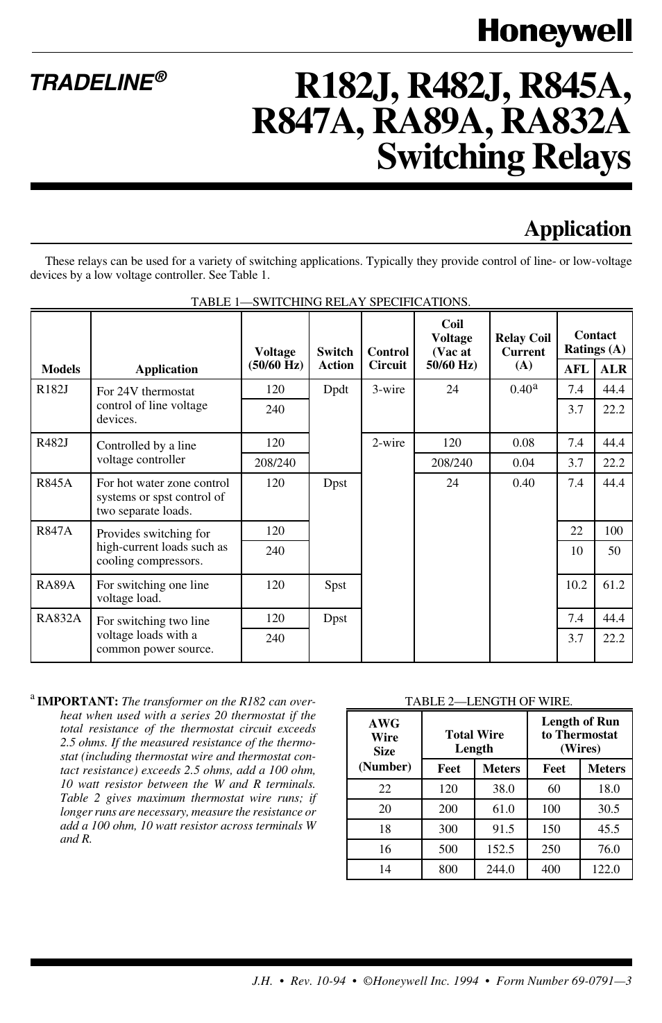 Honeywell TRADELINE R845A User Manual | 4 pages