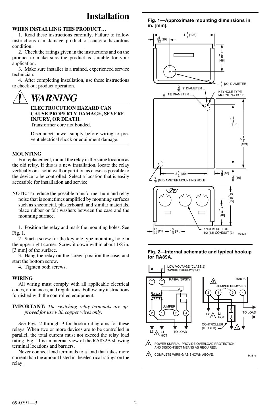 Warning, Installation | Honeywell TRADELINE R845A User Manual | Page 2 / 4