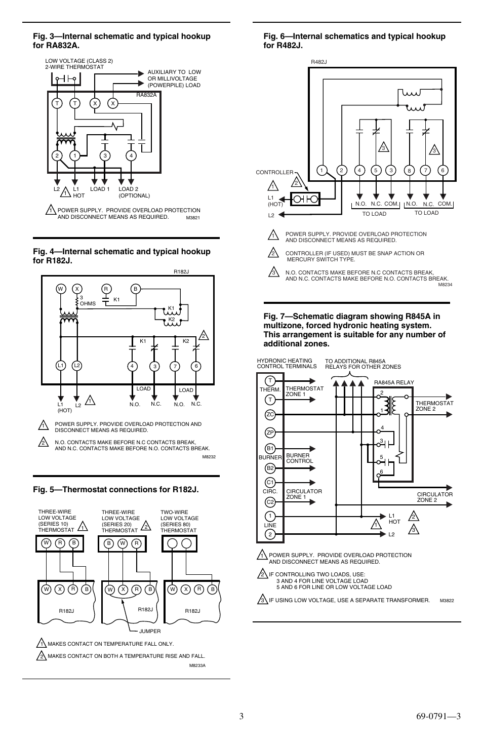 Fig. 5—thermostat connections for r182j | Honeywell TRADELINE R845A User Manual | Page 3 / 4