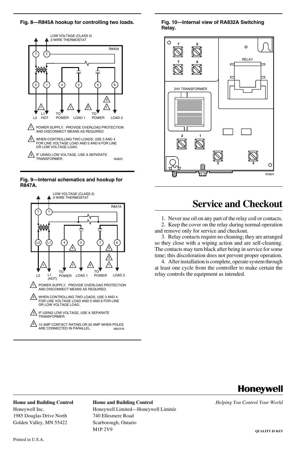 Service and checkout, Home and building control, Fig. 8—r845a hookup for controlling two loads | Honeywell TRADELINE R845A User Manual | Page 4 / 4