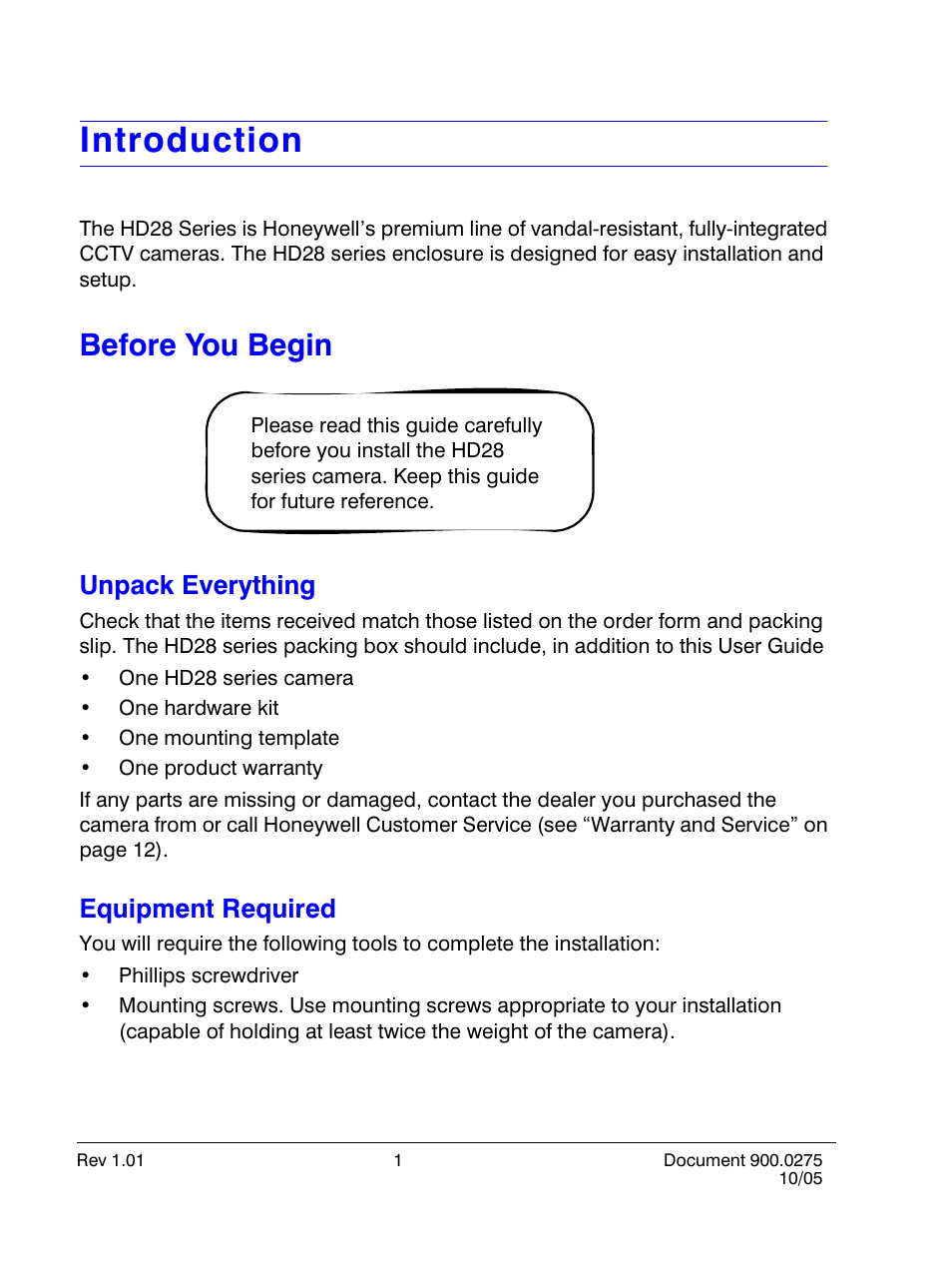 Introduction, Before you begin, Unpack everything | Equipment required, Unpack everything equipment required | Honeywell HD28D4HR6 User Manual | Page 6 / 20