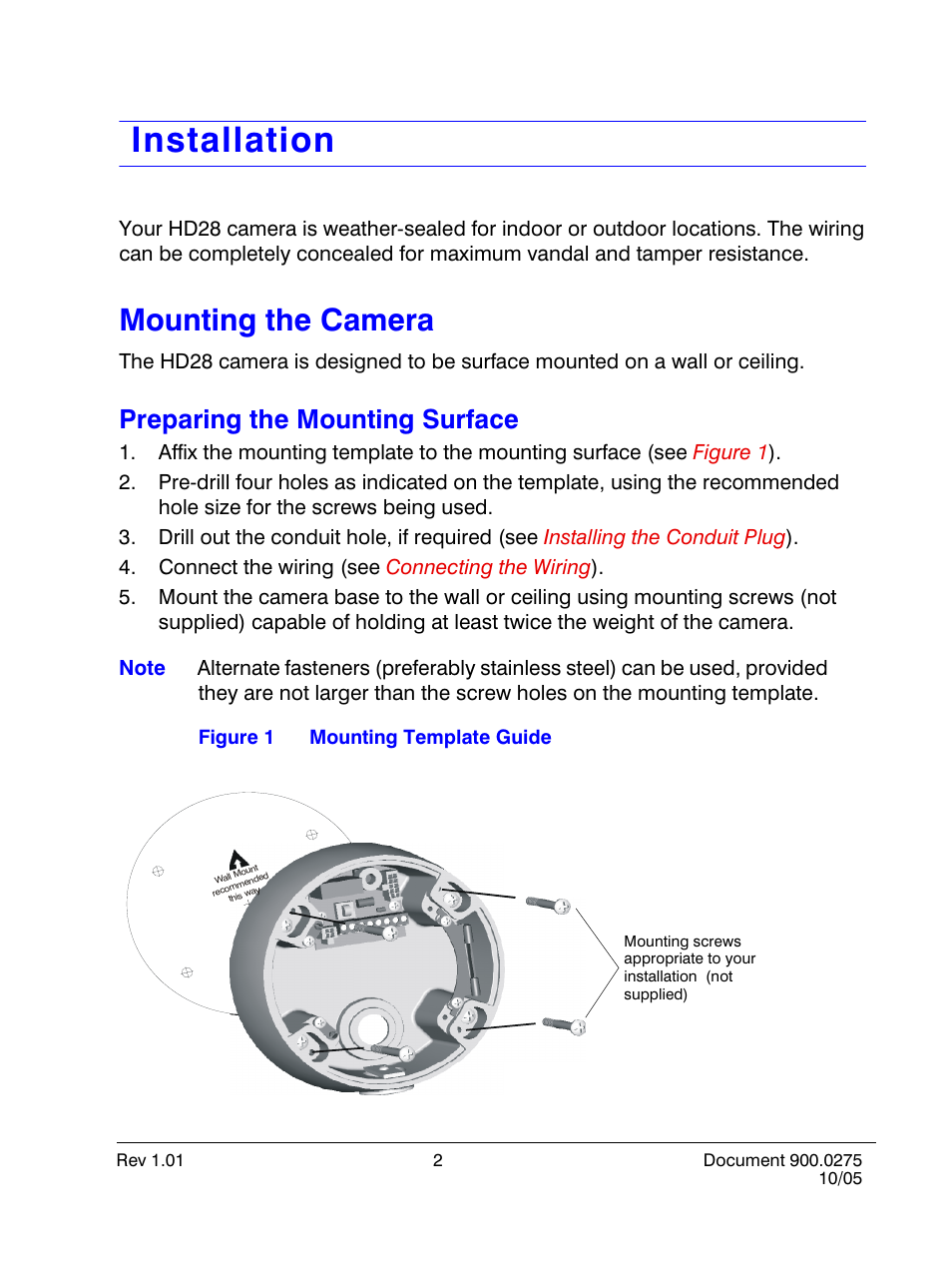 Installation, Mounting the camera, Preparing the mounting surface | Honeywell HD28D4HR6 User Manual | Page 7 / 20