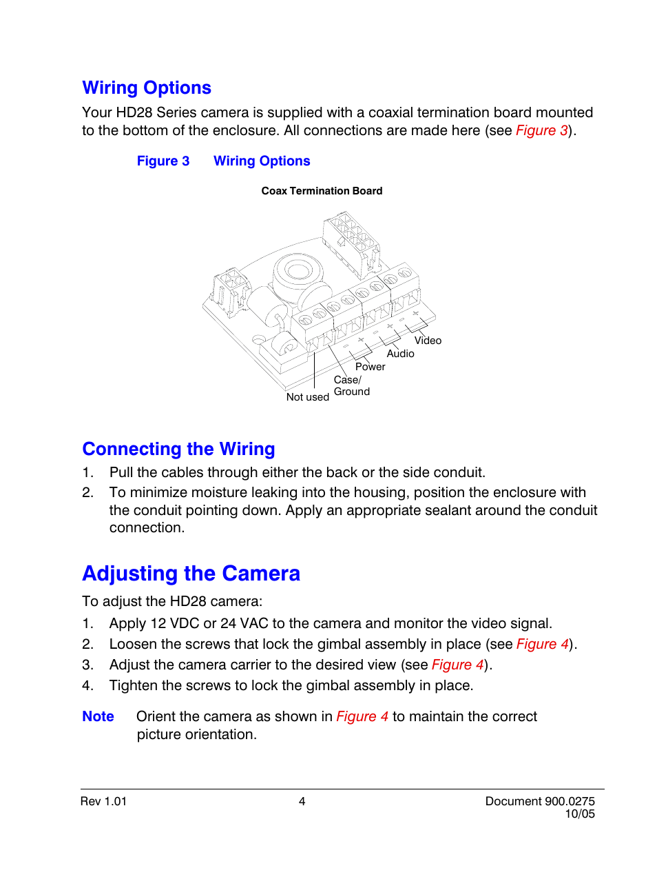 Wiring options, Connecting the wiring, Adjusting the camera | Wiring options connecting the wiring | Honeywell HD28D4HR6 User Manual | Page 9 / 20