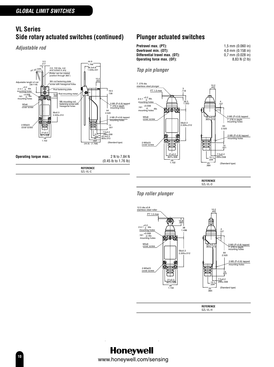 Plunger actuated switches, Global limit switches, Adjustable rod | Top pin plunger, Top roller plunger | Honeywell Switches and Sensors User Manual | Page 12 / 148