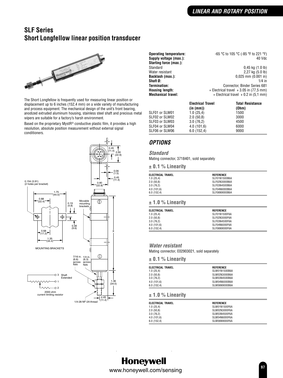 Options, Standard, Water resistant | 1 % linearity, 0 % linearity | Honeywell Switches and Sensors User Manual | Page 99 / 148