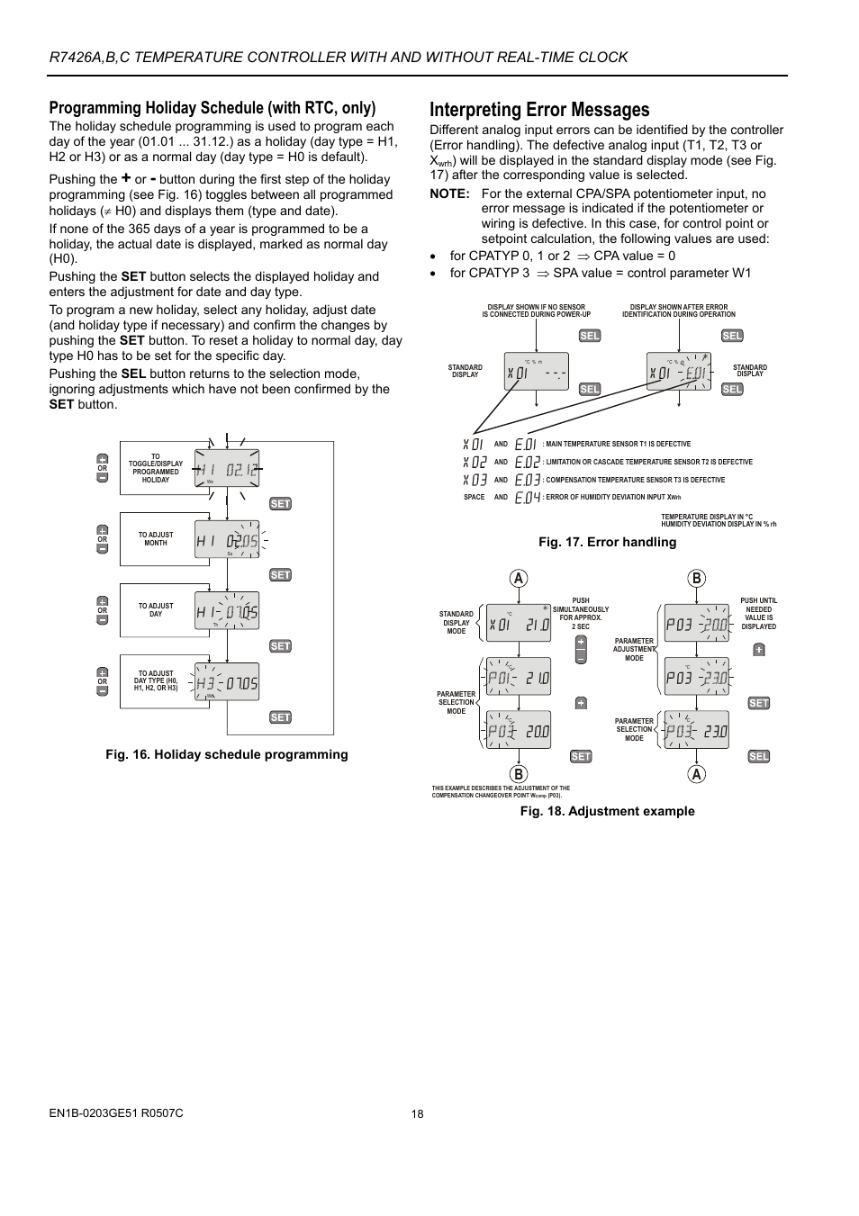 Interpreting error messages, Programming holiday schedule (with rtc, only), Ab a b | Fig. 16. holiday schedule programming, Fig. 17. error handling, Fig. 18. adjustment example | Honeywell MICRONIK 200 R7426A User Manual | Page 18 / 20