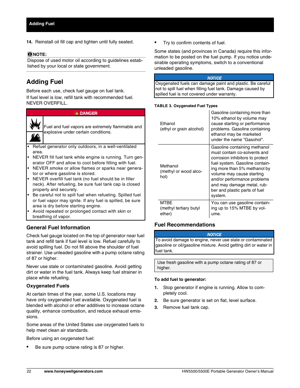 Adding fuel | Honeywell HW5500E User Manual | Page 28 / 93