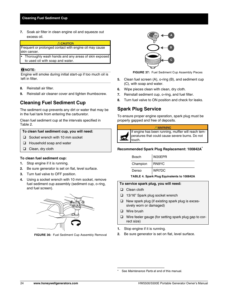Cleaning fuel sediment cup, Spark plug service | Honeywell HW5500E User Manual | Page 30 / 93