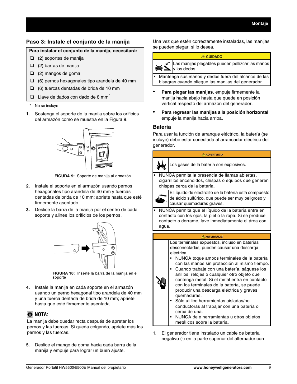 Paso 3: instale el conjunto de la manija, Paso 4: instale la bateria | Honeywell HW5500E User Manual | Page 61 / 93