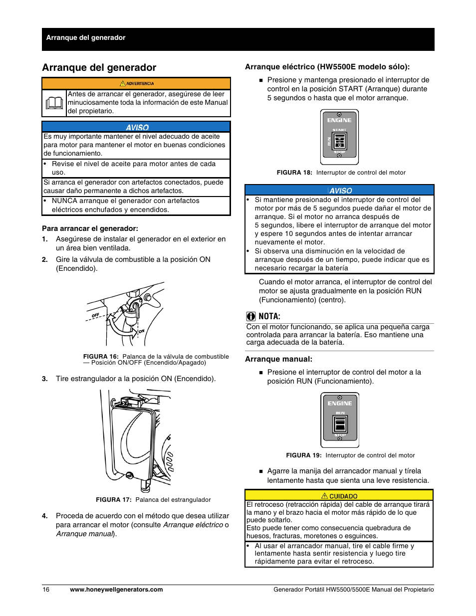 Arranque del generador | Honeywell HW5500E User Manual | Page 68 / 93