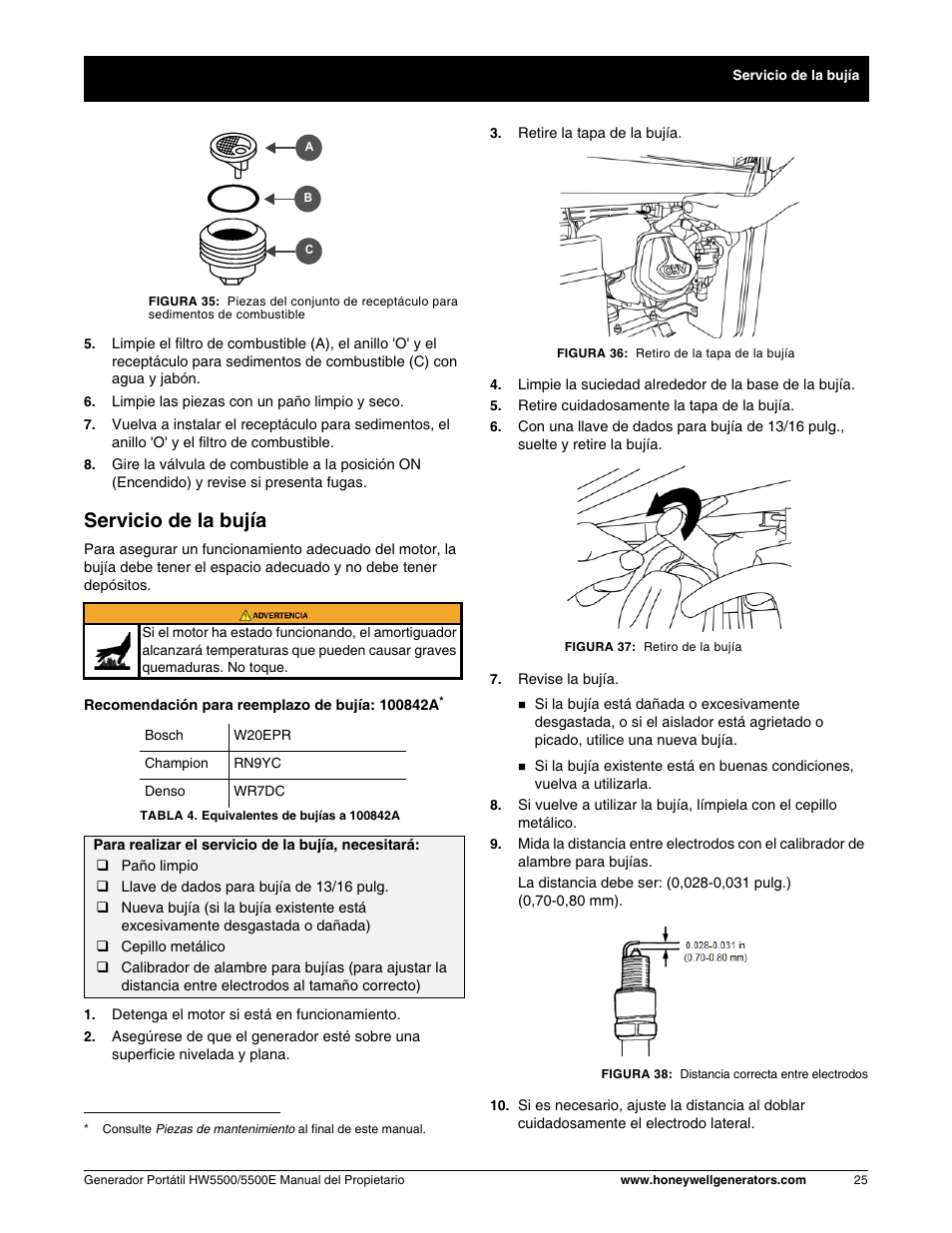 Servicio de la bujía | Honeywell HW5500E User Manual | Page 77 / 93
