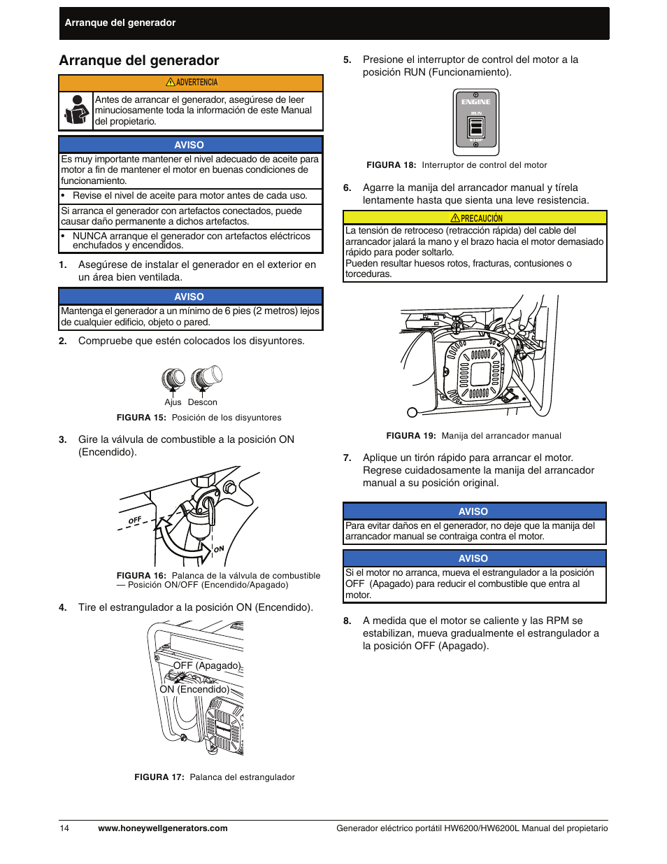 Arranque del generador | Honeywell HW6200L User Manual | Page 62 / 86