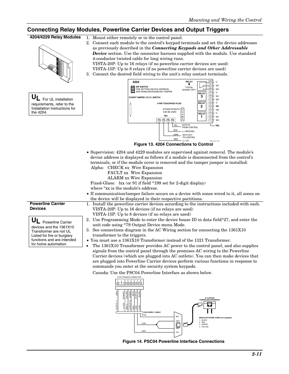 Mounting and wiring the control 2-11, Powerline carrier devices, Figure 14. psc04 powerline interface connections | Honeywell VISTA-20P User Manual | Page 17 / 80